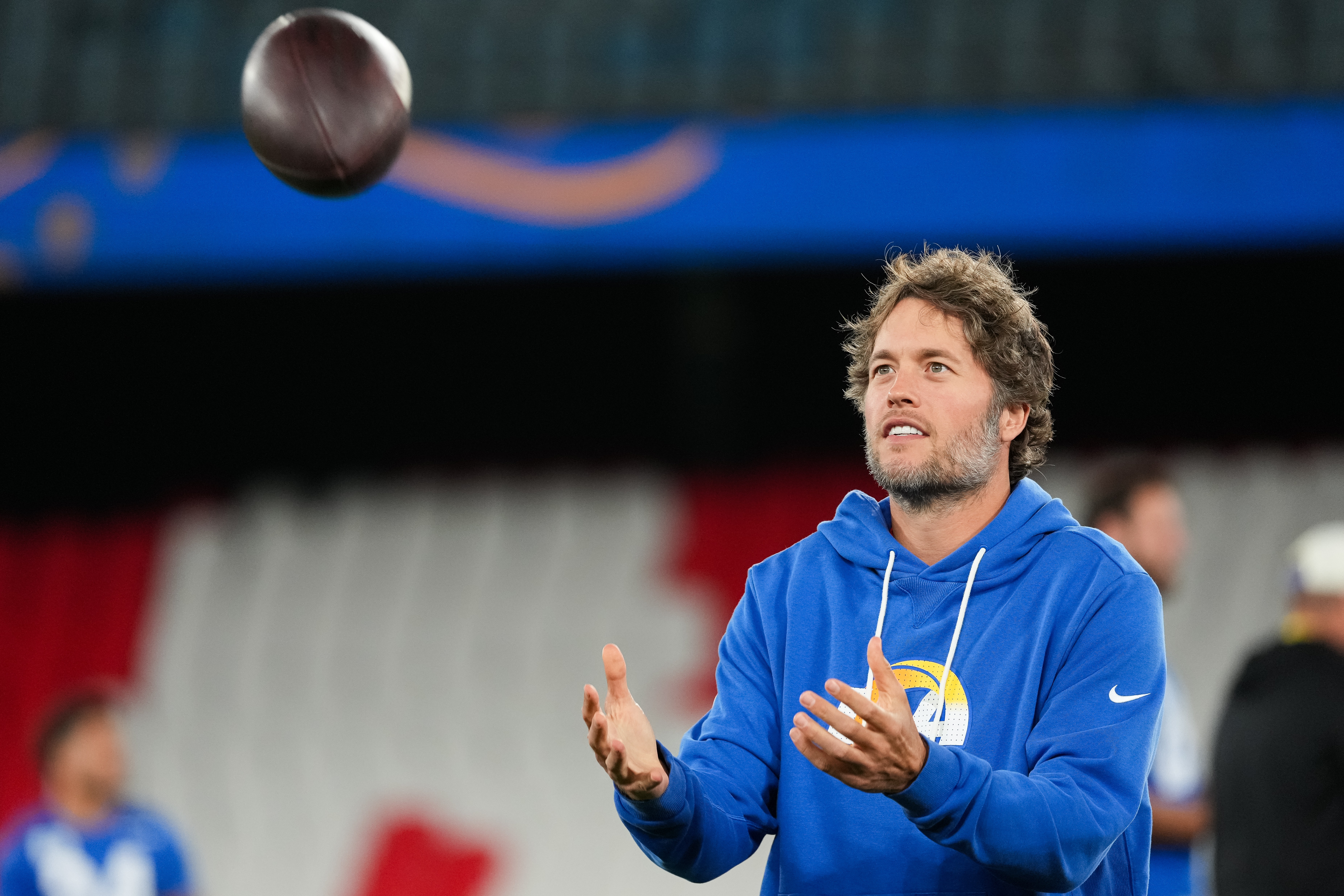 Los Angeles Rams quarterback Matthew Stafford, works out during a practice session for an NFL football game against the San Francisco 49ers., in Melbourne, Australia, Thursday, Sept. 10, 2026.