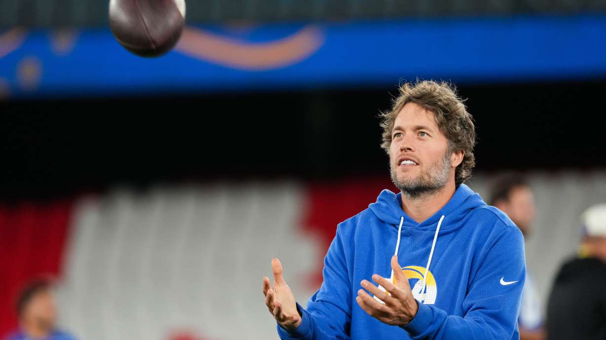 Los Angeles Rams quarterback Matthew Stafford, works out during a practice session for an NFL football game against the San Francisco 49ers., in Melbourne, Australia, Thursday, Sept. 10, 2026.