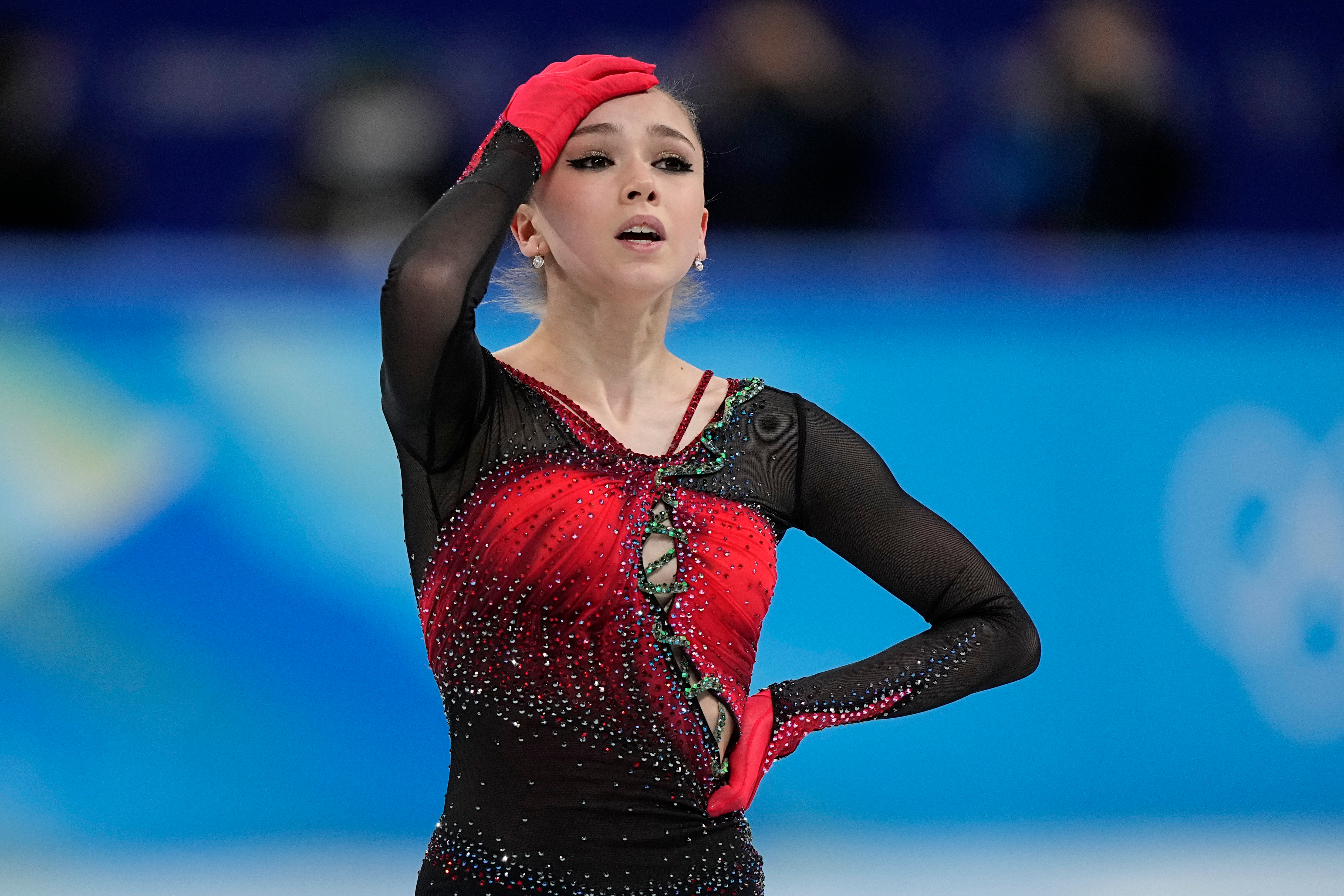 FILE - Kamila Valieva, of the Russian Olympic Committee, reacts in the women's team free skate program during the figure skating competition at the 2022 Winter Olympics, Monday, Feb. 7, 2022, in Beijing. 