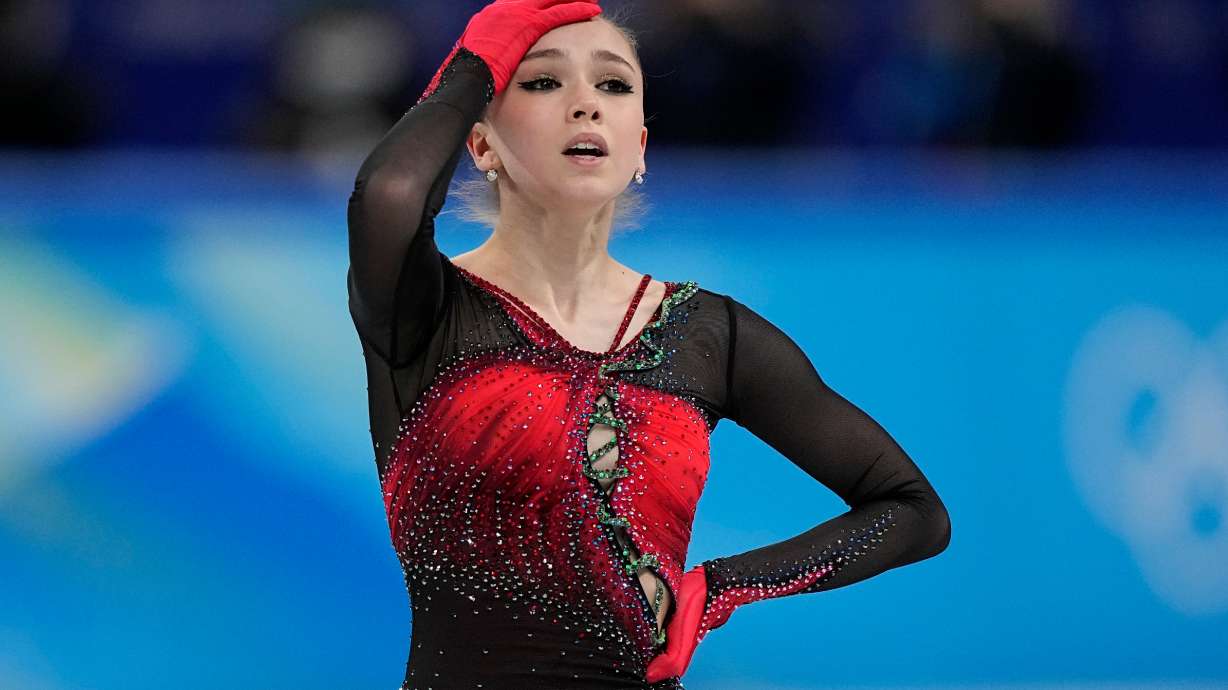 FILE - Kamila Valieva, of the Russian Olympic Committee, reacts in the women's team free skate program during the figure skating competition at the 2022 Winter Olympics, Monday, Feb. 7, 2022, in Beijing.