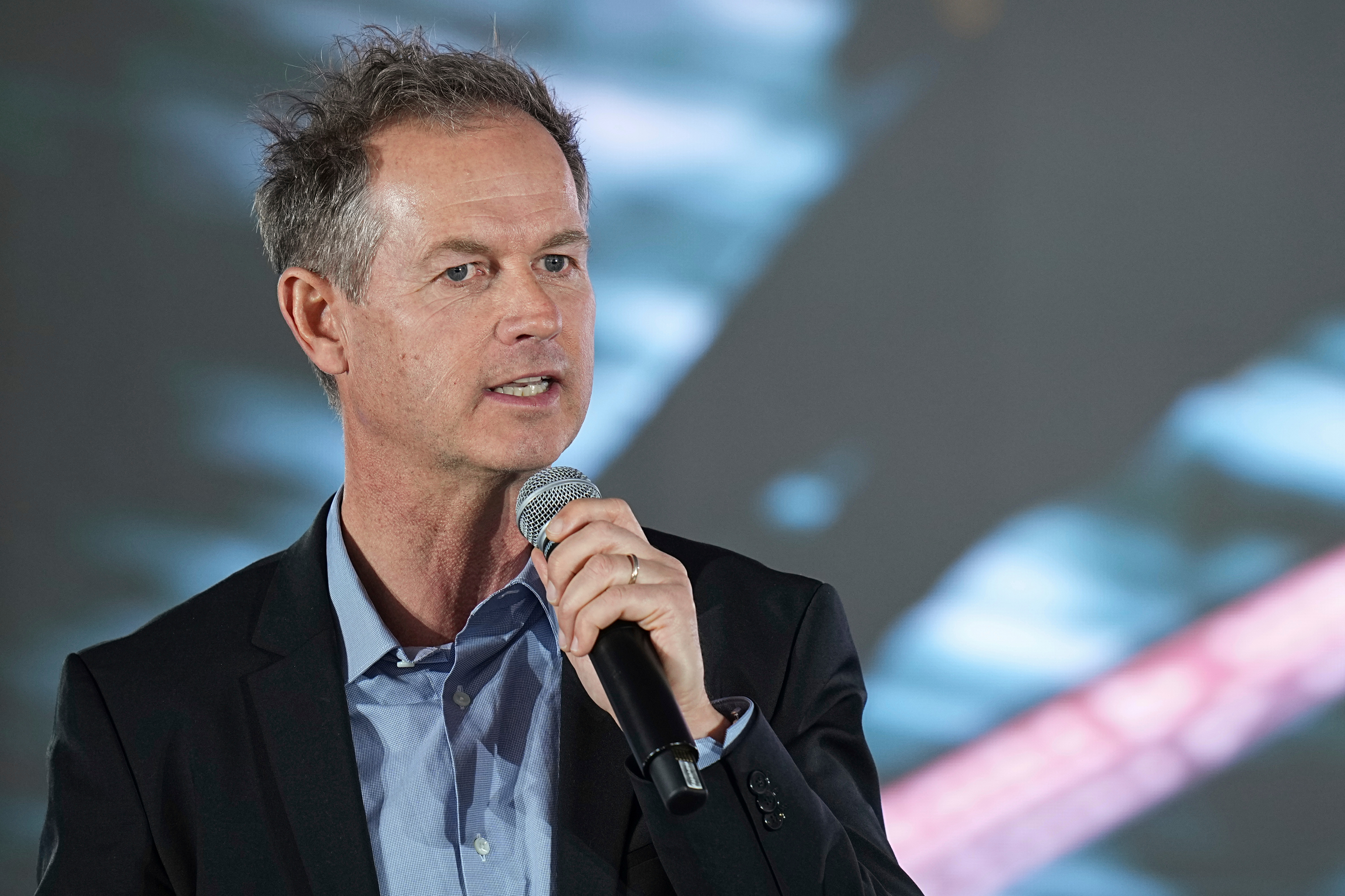 FILE - Edgar Grospiron, the head of 2030 Olympic Winter Games, delivers a speech during a news conference in Decines, France, Feb. 18, 2025. 