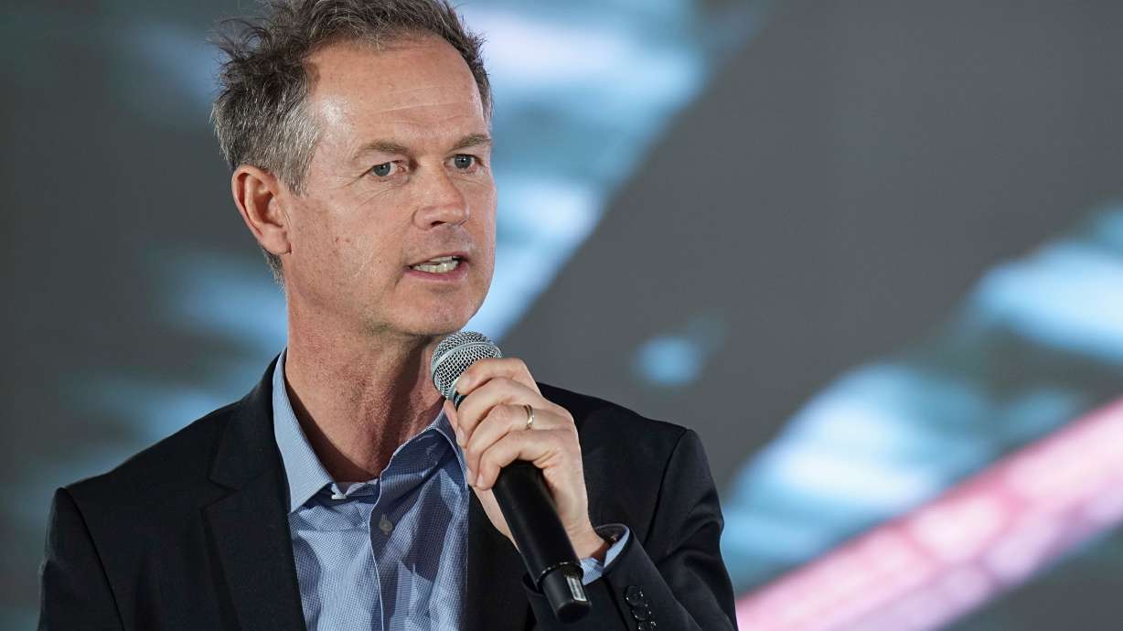 FILE - Edgar Grospiron, the head of 2030 Olympic Winter Games, delivers a speech during a news conference in Decines, France, Feb. 18, 2025.