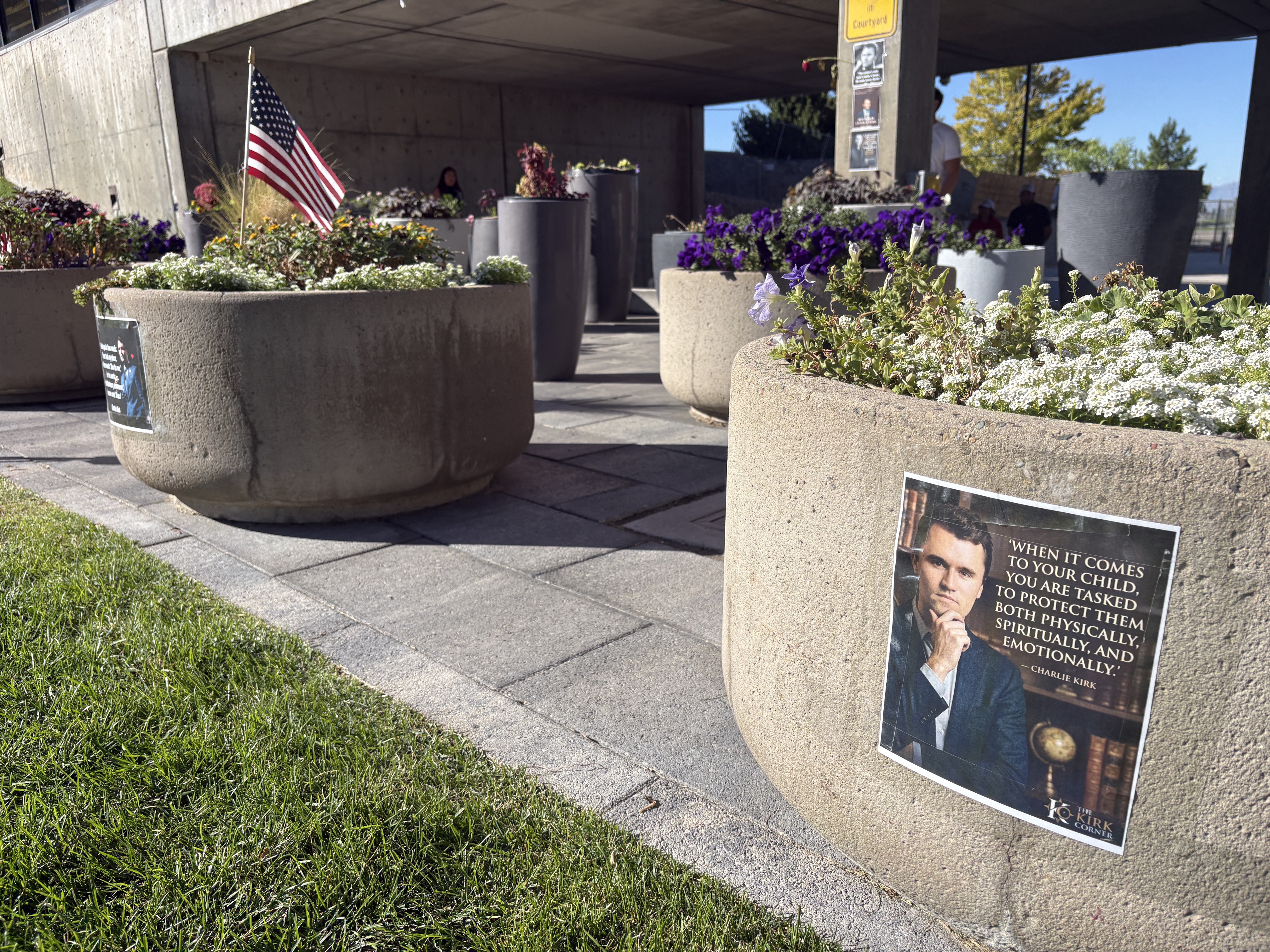 A memorial for Charlie Kirk is pictured at Utah Valley University on Thursday.