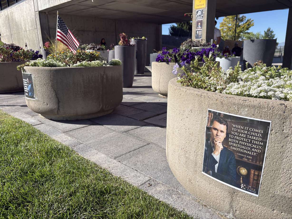 A memorial for Charlie Kirk is pictured at Utah Valley University on Thursday.