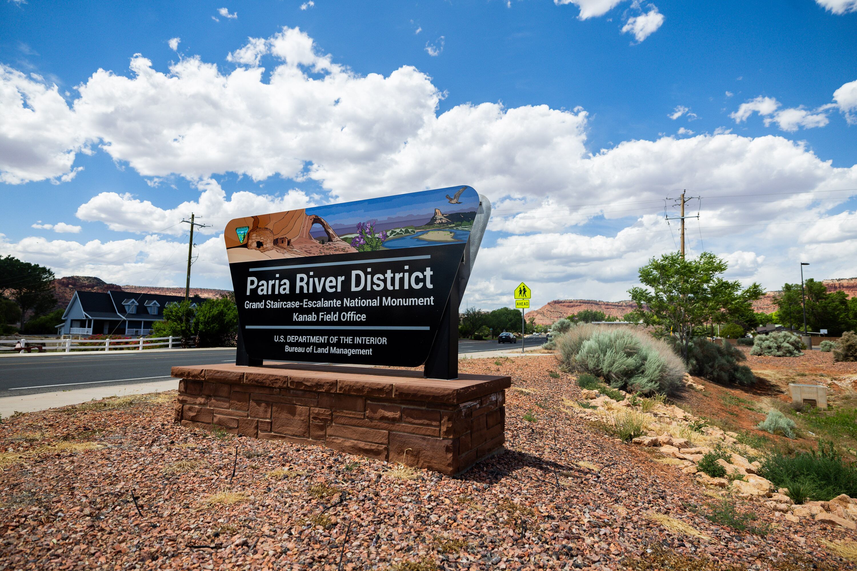 A sign for the Paria River District Grand Staircase-Escalante National Monument Kanab Field Office in Kanab on May 16. Utahns are opposed to the shrinking of the Bears Ears National Monument.