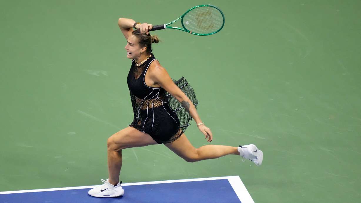 Aryna Sabalenka, of Belarus, follows through on a shot to Jessica Pegula, of the United States, during the women's singles semifinals of the U.S. Open tennis championships Thursday, Sept. 10, 2026, in New York.