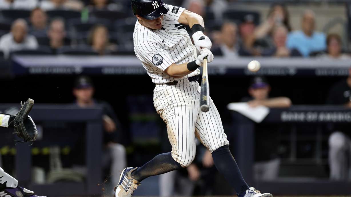 New York Yankees' Anthony Volpe hits a grand slam during the seventh inning of a baseball game against the Colorado Rockies, Thursday, Sept. 10, 2026, in New York.