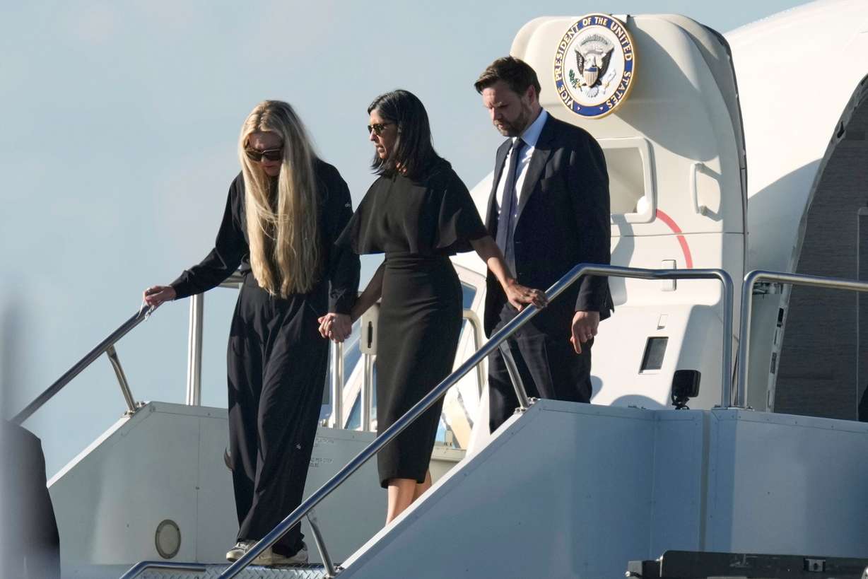 Vice President JD Vance, second lady Usha Vance and Erika Kirk deplane Air Force Two, carrying the body of Charlie Kirk, the CEO and co-founder of Turning Point USA who was shot and killed, Sept. 11, 2025, in Phoenix, Ariz. Vance spoke about restoring the nuclear family at the Republican midterm convention on Thursday.