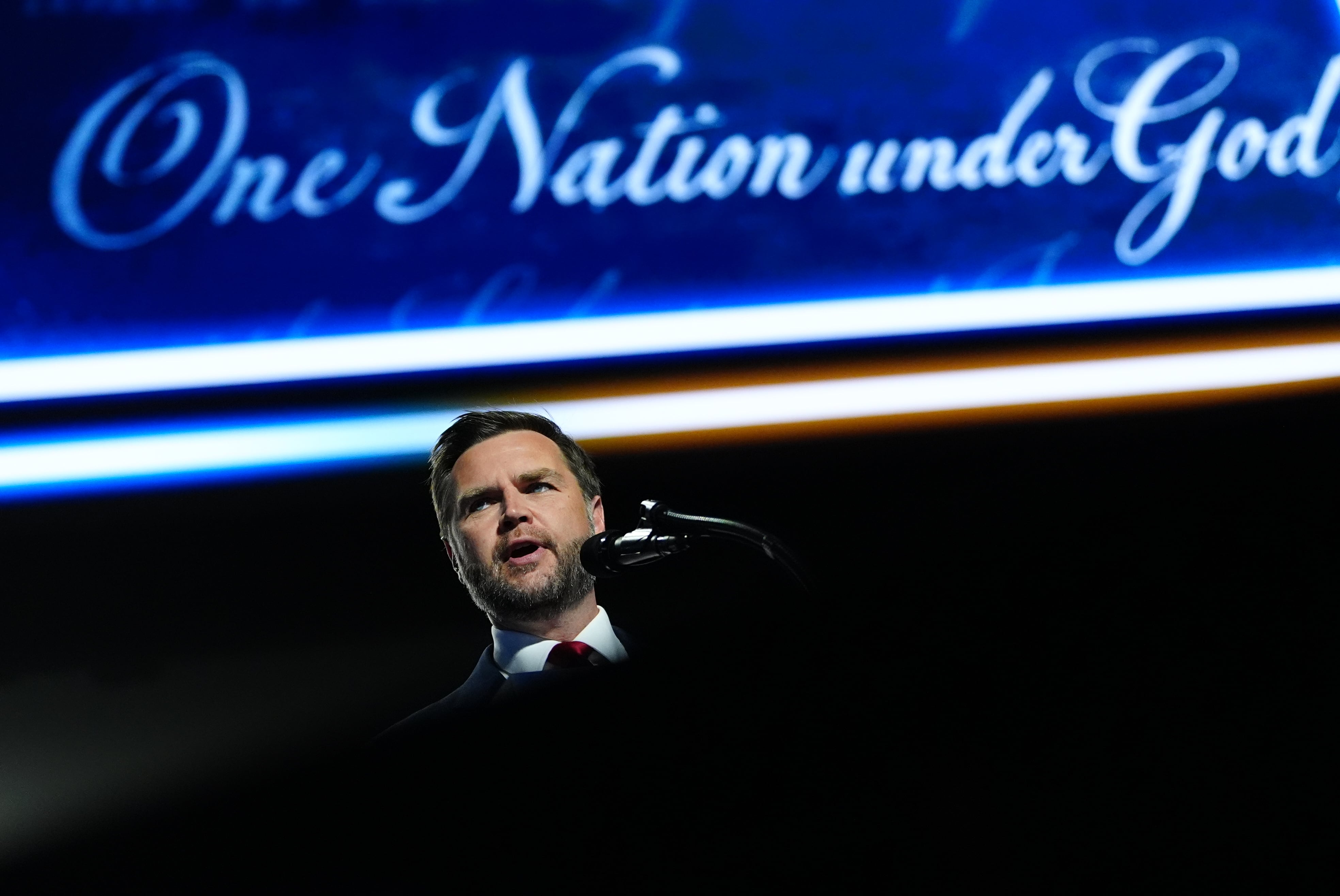Vice President JD Vance speaks at the Republican convention on Thursday, in Dallas. Vance paid tribute to Charlie Kirk, who was killed exactly one year ago on Thursday.