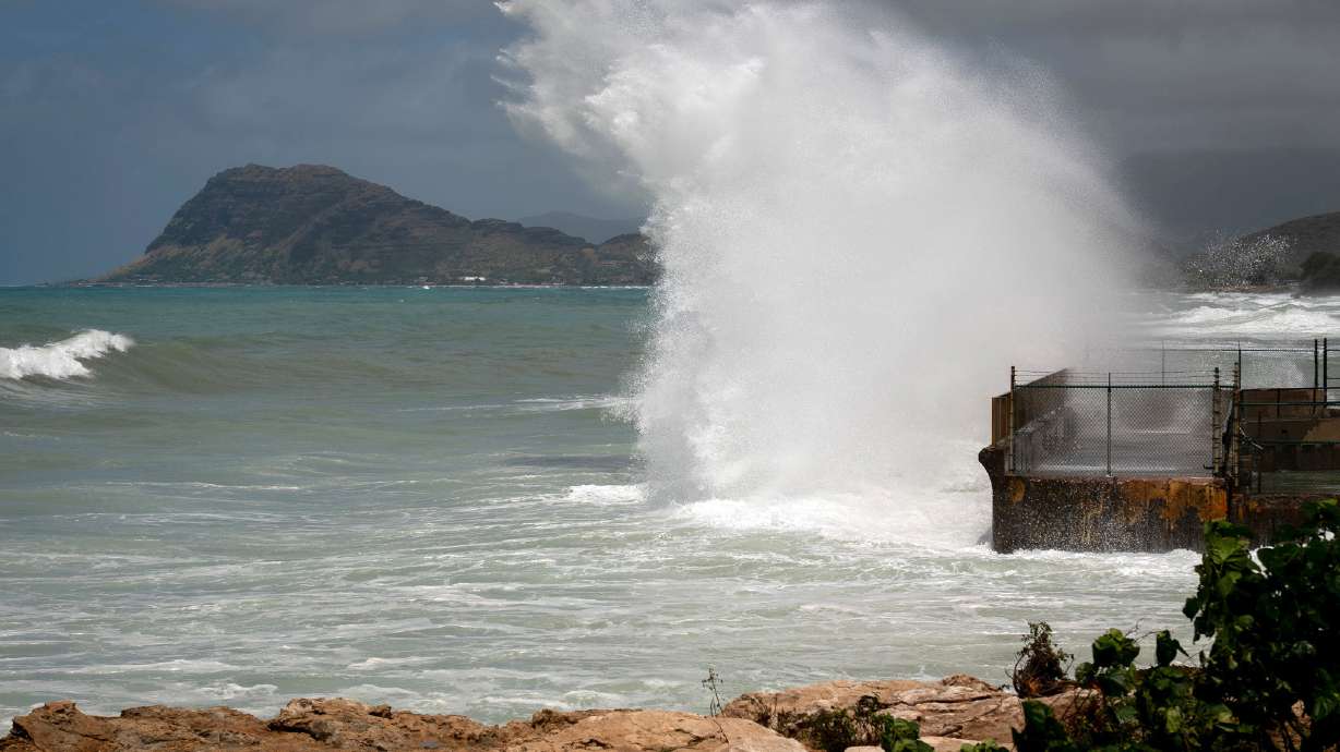 A large wave crashes on the shore caused by Hurricane Lowell on Sept. 8, 2026 on the westside of Oahu.