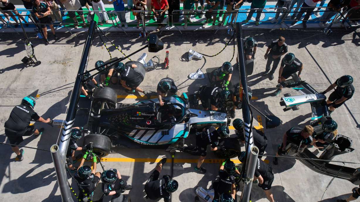 The Mercedes team trains ahead of the Spanish Formula One Grand Prix, in Madrid, Spain, Thursday, Sept. 10, 2026.