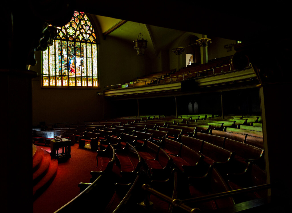 The interior of the sanctuary of the First Presbyterian Church was illuminated by sunlight coming through the stained glass windows on Wednesday, September 9, 2026.
