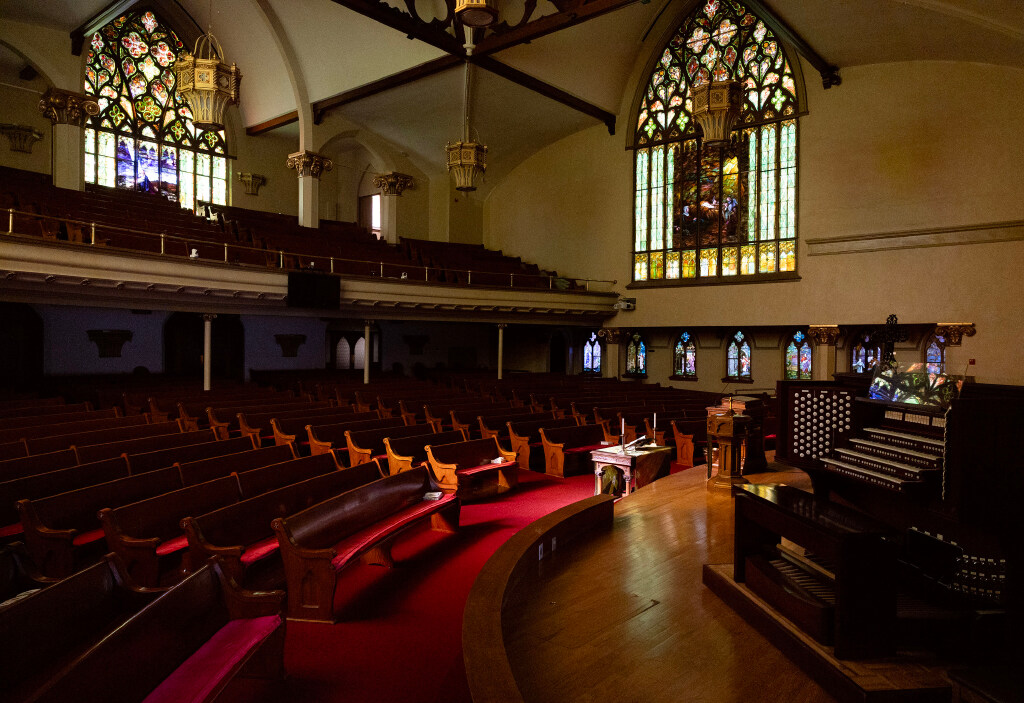 The interior of the nave of the First Presbyterian Church was lit by sunlight on Wednesday.