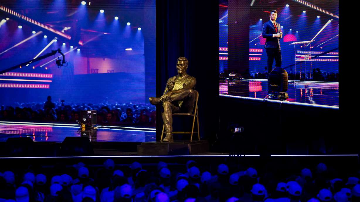 A statue of Charlie Kirk is revealed at The Freedom Built to Last Memorial Honoring Charlie Kirk hosted by Turning Point USA at the UCCU Center in Orem on Thursday, Sept. 10, 2026.