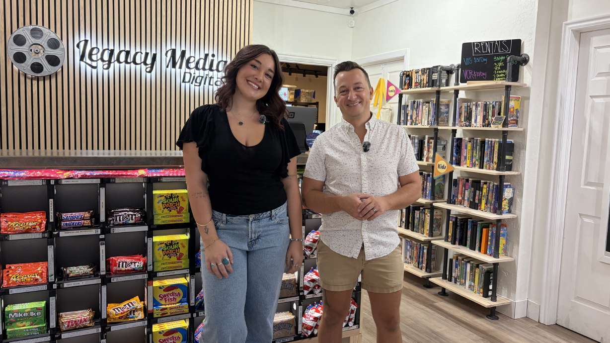 Store owners at Legacy Media Digital in St. George have made their VHS collection (and VCRs) available for the public to rent. Owner McKay Murdock is pictured with his daughter, Haylee Murdock.