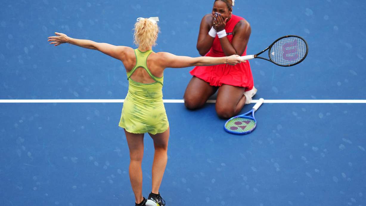 Katerina Siniakova, of the Czech Republic, left, and Taylor Townsend, of the United States, right, celebrate winning the women's doubles final of the U.S. Open tennis championships against Ashlyn Krueger, of the United States, and Robin Montgomery, of the United States, Friday, Sept. 11, 2026, in New York.