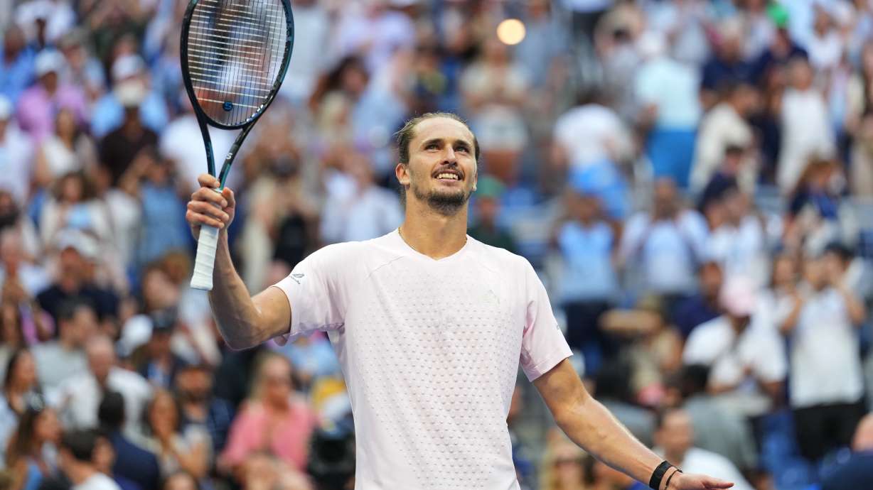 Alexander Zverev, of Germany, celebrates winning a match against Karen Khachanov, of Russia, during the men's singles semifinals of the U.S. Open tennis championships, Friday, Sept. 11, 2026, in New York.