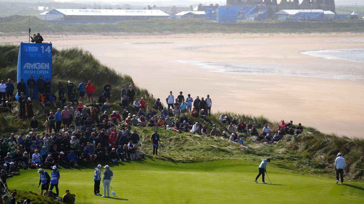 A general view of Rory McIlroy of Northern Ireland after putting on the 14th green on day two of the Irish Golf Open in Doonbeg, Ireland, Friday, Sept. 11, 2026.