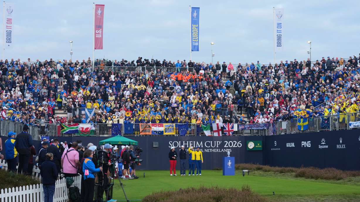 Players from left, Allisen Corpuz of the United States and teammate Nelly Korda and Maja Stark and Linn Grant of Europe react prior to hitting off the first tee during the Solheim Cup at the Bernardus Golf course in Den Bosch, Netherlands, Saturday, Sept. 12, 2026.