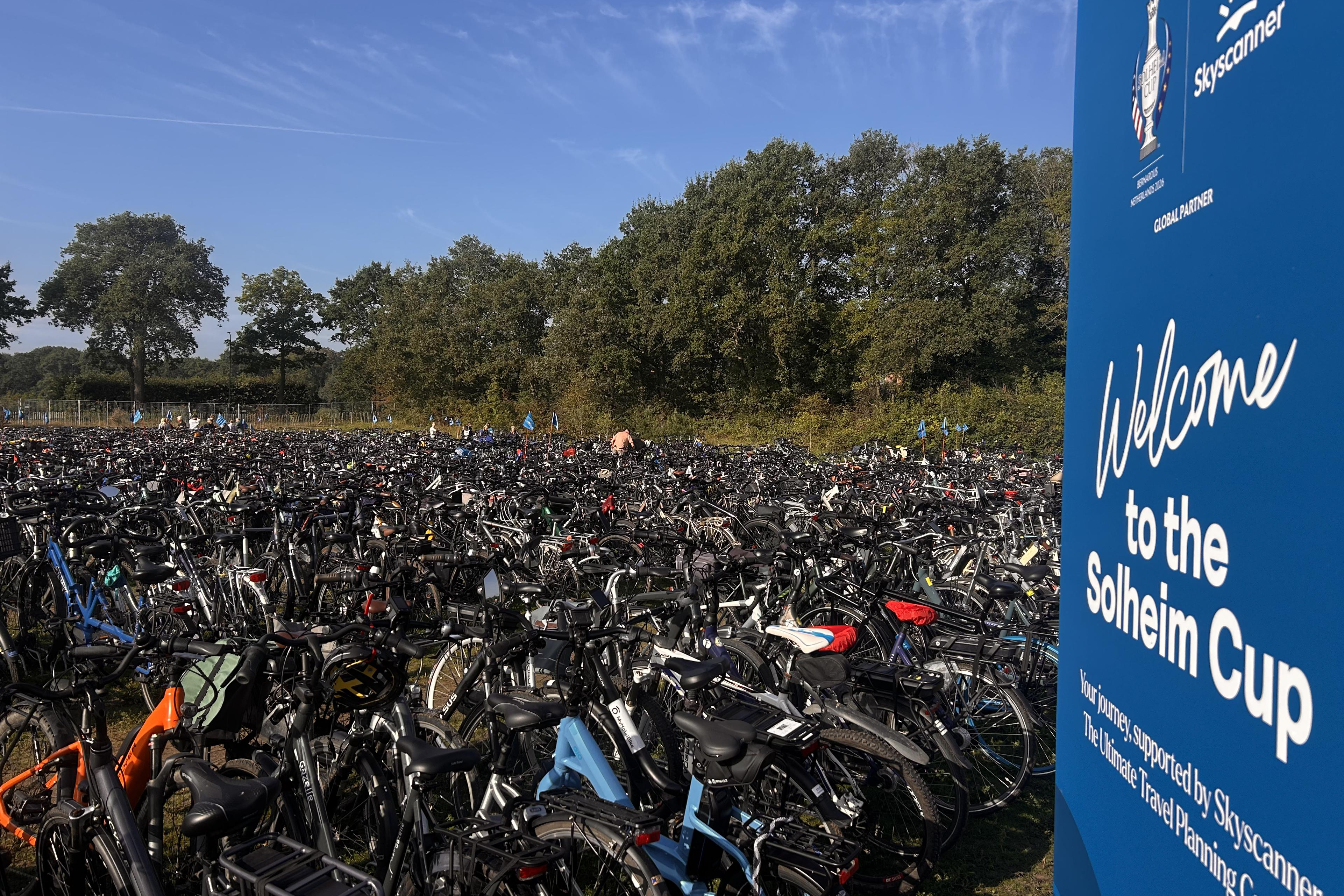 In this photo taken with a smartphone, bikes are parked in the bike park at the Solheim Cup venue, Bernardus Golf in in Den Bosch, Netherlands, Saturday Sept. 12, 2026. 