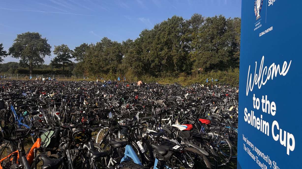 In this photo taken with a smartphone, bikes are parked in the bike park at the Solheim Cup venue, Bernardus Golf in in Den Bosch, Netherlands, Saturday Sept. 12, 2026.