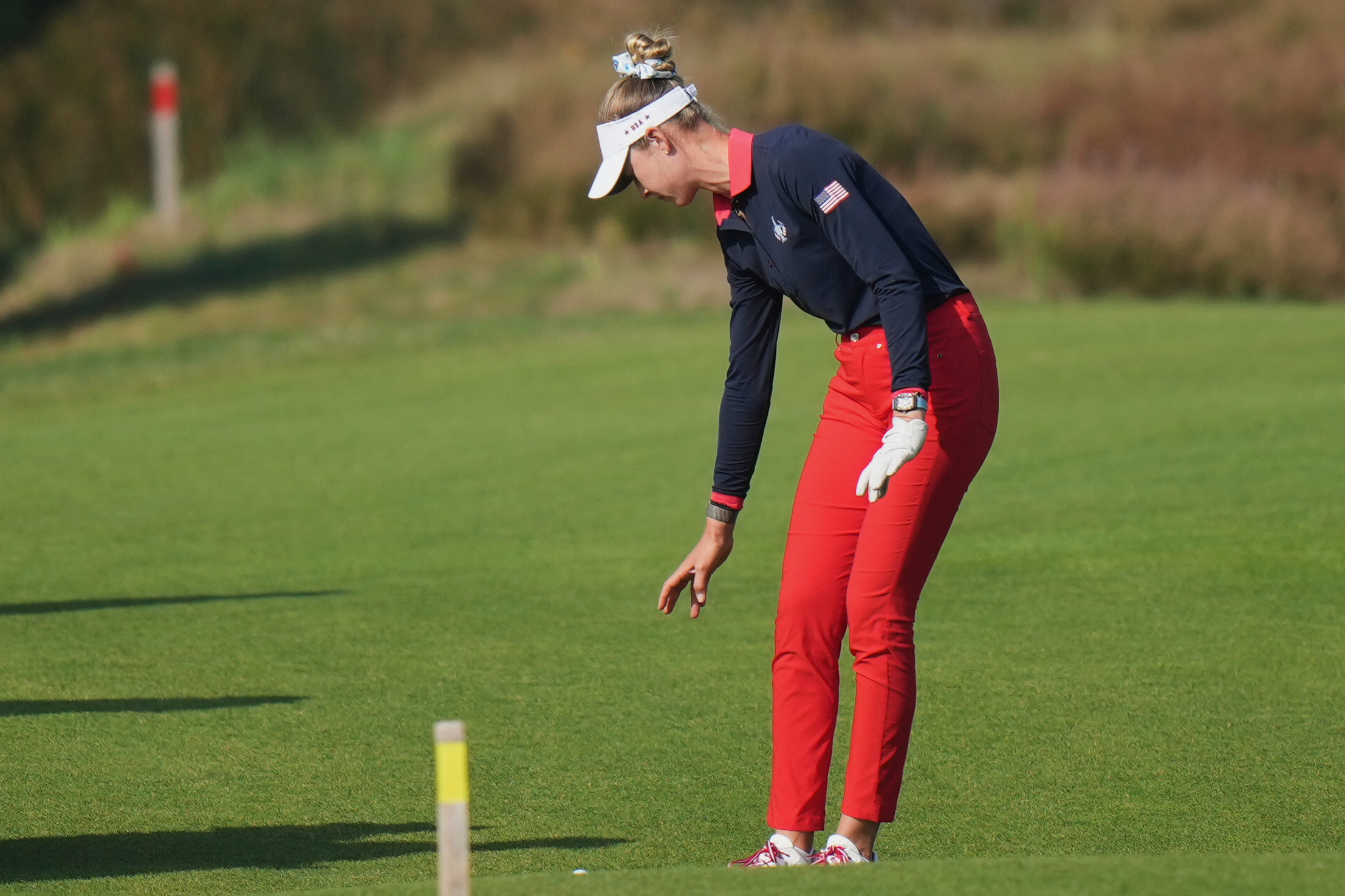 Nelly Korda of the United States takes a drop on the 16th fairwayduring the Solheim Cup at the Bernardus Golf course in Den Bosch, Netherlands, Saturday, Sept. 12, 2026. 