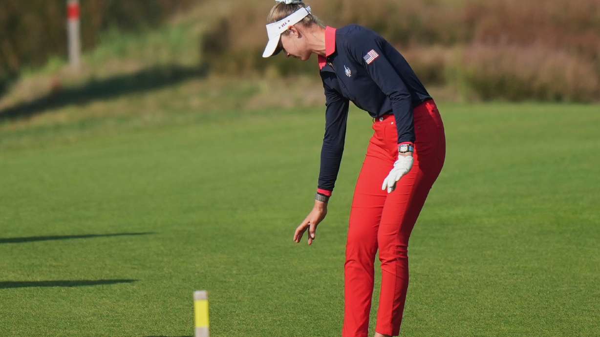 Nelly Korda of the United States takes a drop on the 16th fairwayduring the Solheim Cup at the Bernardus Golf course in Den Bosch, Netherlands, Saturday, Sept. 12, 2026.