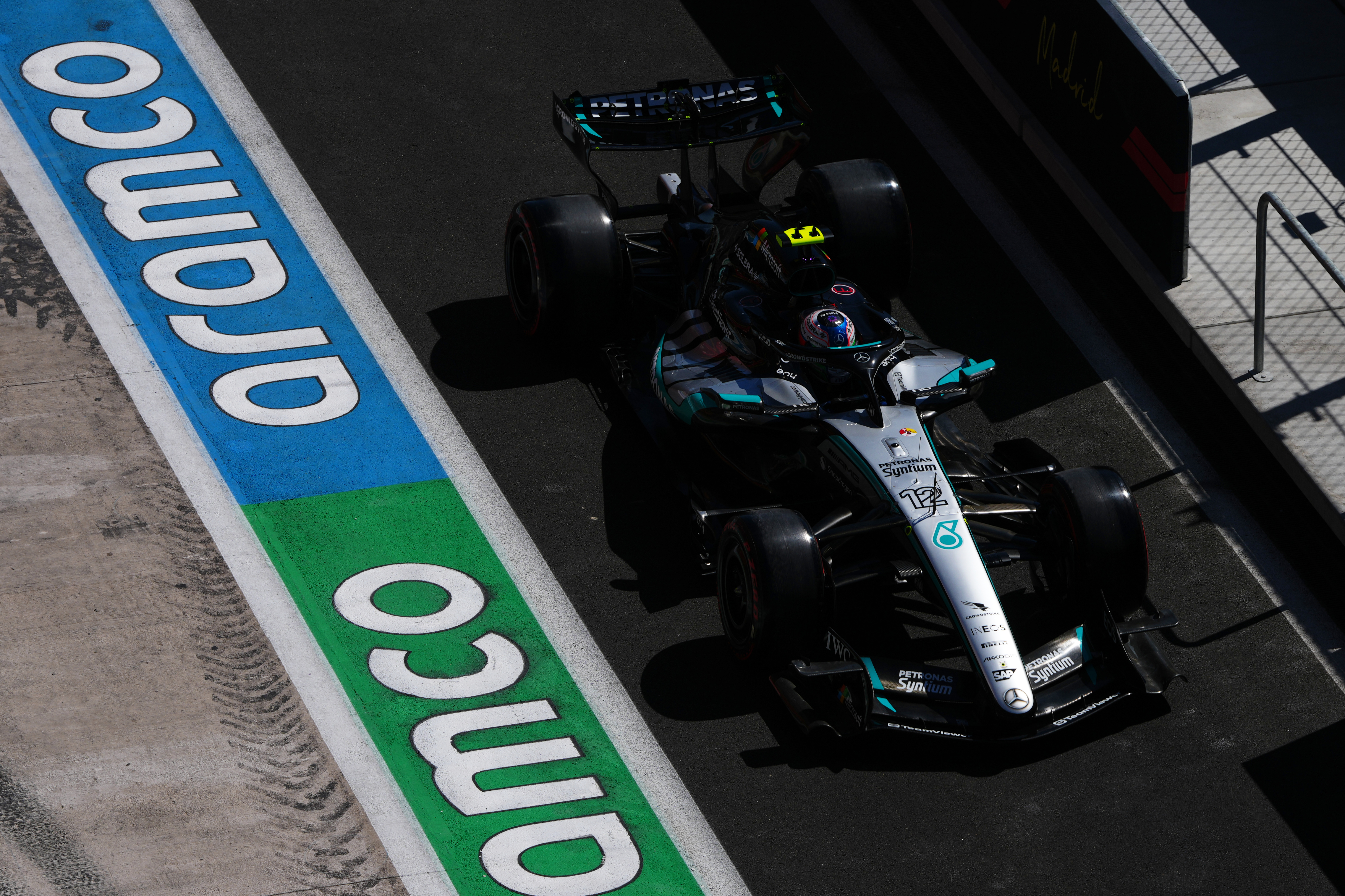 Mercedes driver Andrea Kimi Antonelli of Italy steers his car during the third free practice ahead of the Spanish Formula One Grand Prix in Madrid, Saturday, Sept. 12, 2026. 