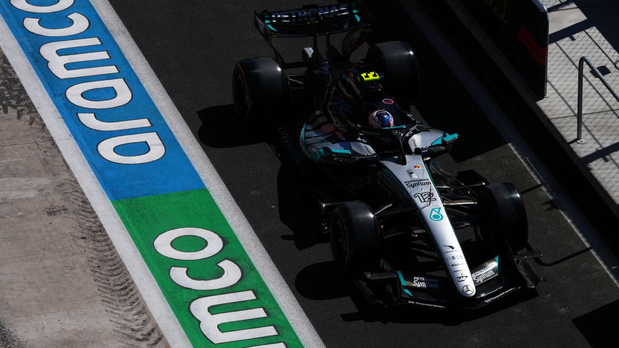 Mercedes driver Andrea Kimi Antonelli of Italy steers his car during the third free practice ahead of the Spanish Formula One Grand Prix in Madrid, Saturday, Sept. 12, 2026.