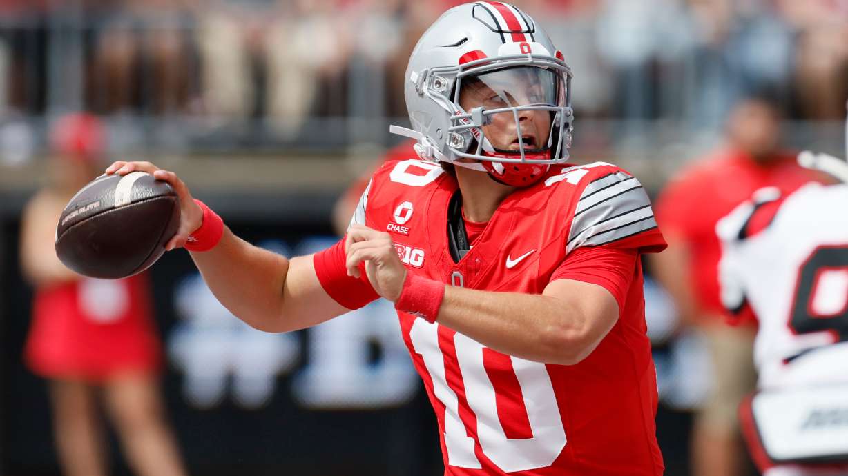 Ohio State quarterback Julian Sayin throws a pass against Ball State during the first half of an NCAA college football game, Saturday, Sept. 5, 2026, in Columbus, Ohio.