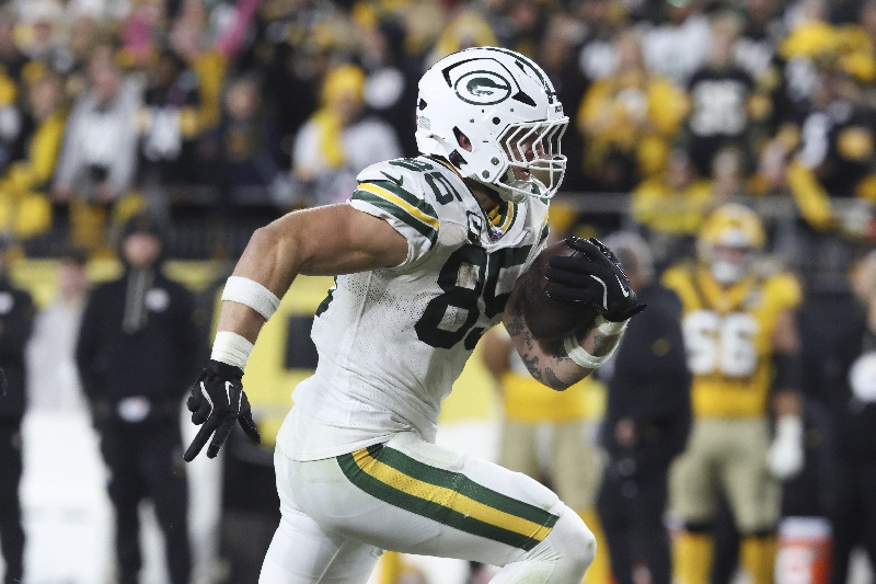 Oct 26, 2025; Pittsburgh, Pennsylvania, USA; Green Bay Packers tight end Tucker Kraft (85) runs for a touchdown against the Pittsburgh Steelers during the fourth quarter at Acrisure Stadium.