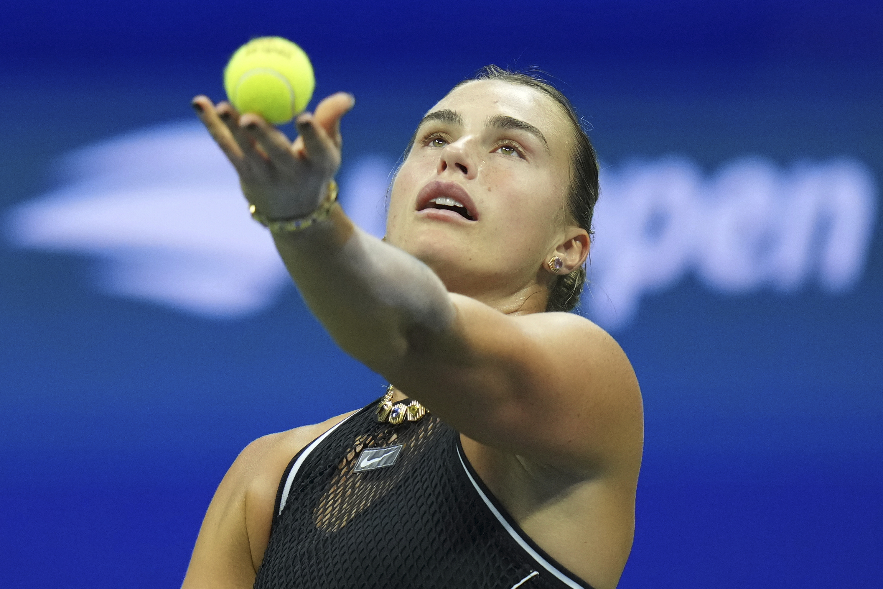 Aryna Sabalenka, of Belarus, serves the ball to Jessica Pegula, of the United States, during the women's singles semifinals of the U.S. Open tennis championships Thursday, Sept. 10, 2026, in New York. 