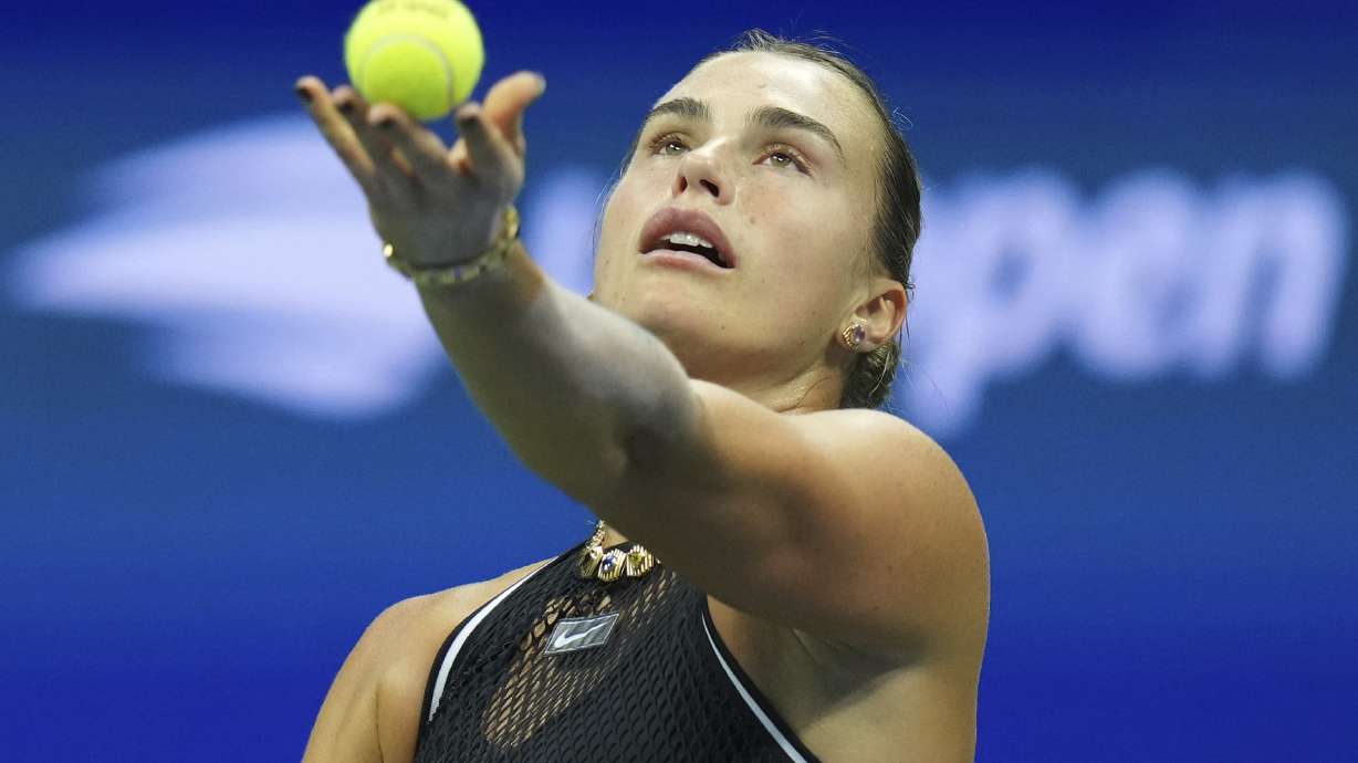 Aryna Sabalenka, of Belarus, serves the ball to Jessica Pegula, of the United States, during the women's singles semifinals of the U.S. Open tennis championships Thursday, Sept. 10, 2026, in New York.