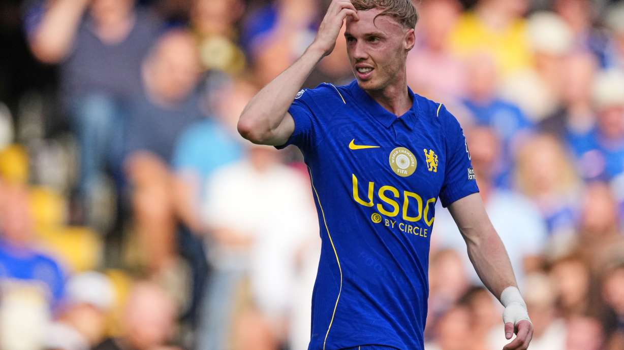 Chelsea's Cole Palmer reacts during the English Premier League soccer match between Chelsea and Hull City in London, Saturday, Sept. 12, 2026.