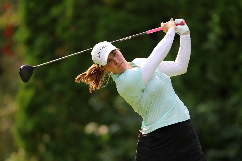 Aug 23, 2026; Edmonton, Alberta, CAN;  Jennifer Kupcho hits a drive from the fourth tee box during the final round of the CPKC Women's Open golf tournament at Royal Mayfair Golf Club.