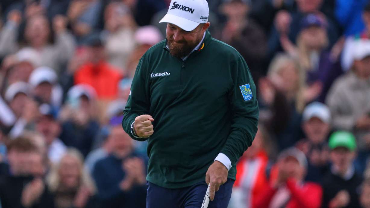 Shane Lowry of Ireland reacts during the Irish Open at Trump International Golf Links in Doonbeg, Ireland, Saturday, Sept. 12, 2026.