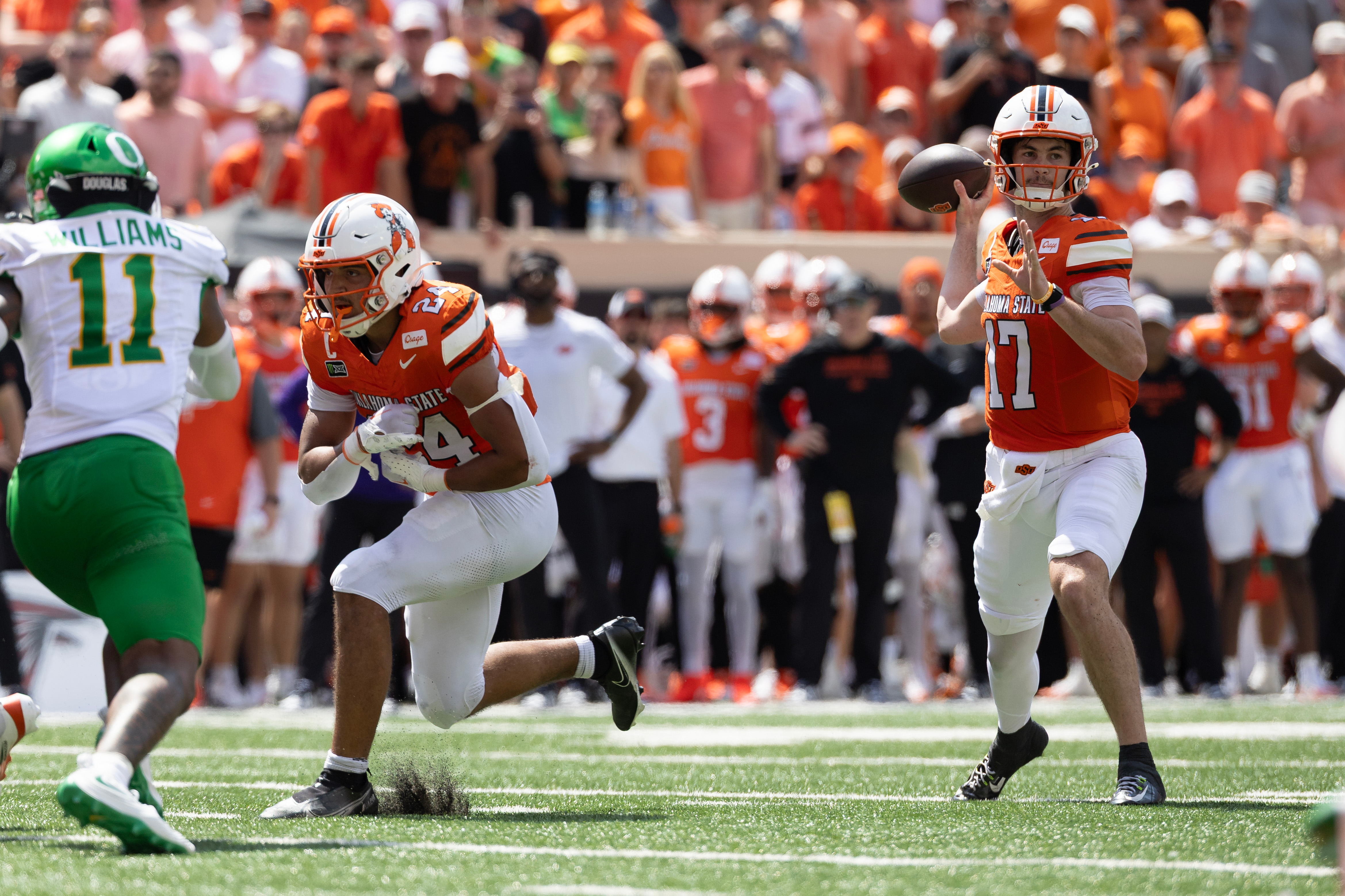 Oklahoma State quarterback Drew Mestemaker (17) passes the ball in the first half of the NCAA college football game against Oregon in Stillwater, Okla., Saturday, Sept. 12, 2026. 