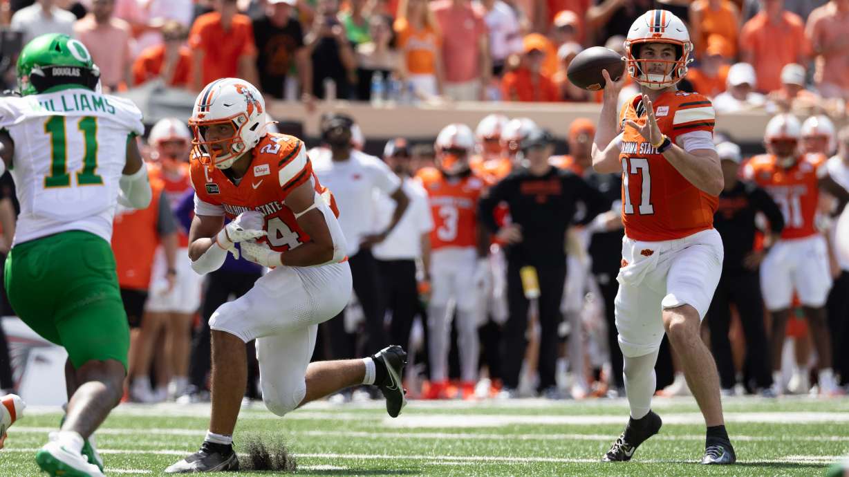 Oklahoma State quarterback Drew Mestemaker (17) passes the ball in the first half of the NCAA college football game against Oregon in Stillwater, Okla., Saturday, Sept. 12, 2026.