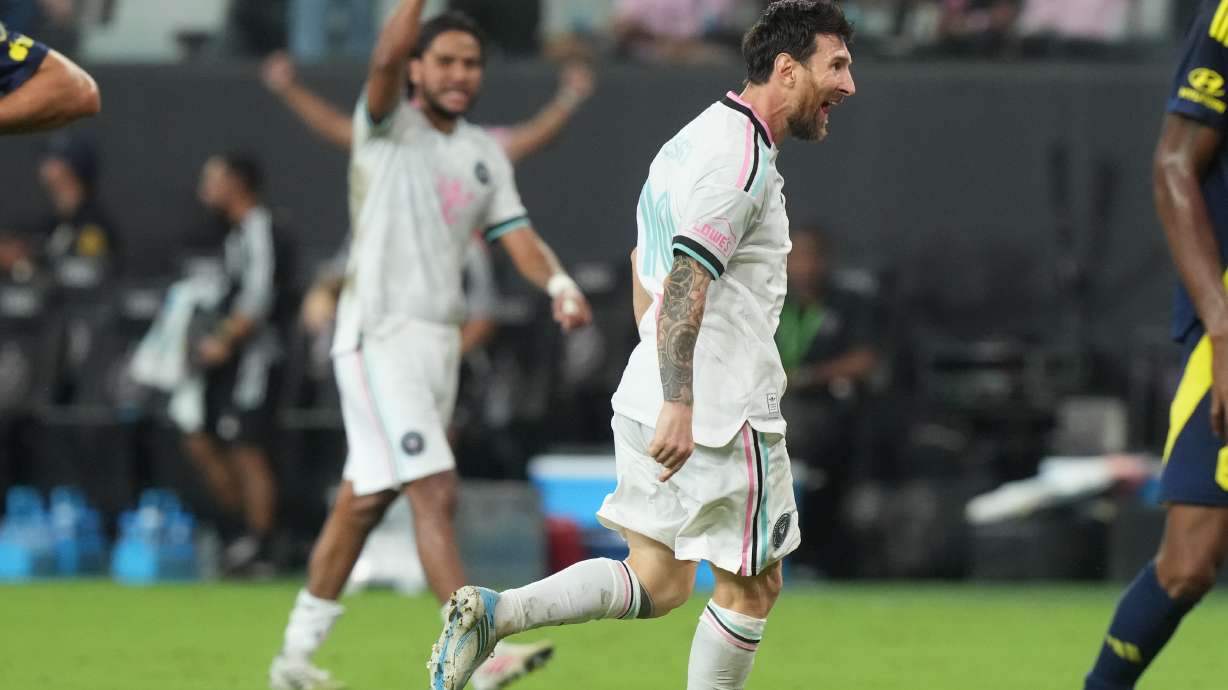 Inter Miami forward Lionel Messi (10) celebrates after scoring a goal during the second half of an MLS soccer match against the Nashville Saturday, Sept. 12, 2026, in Miami.