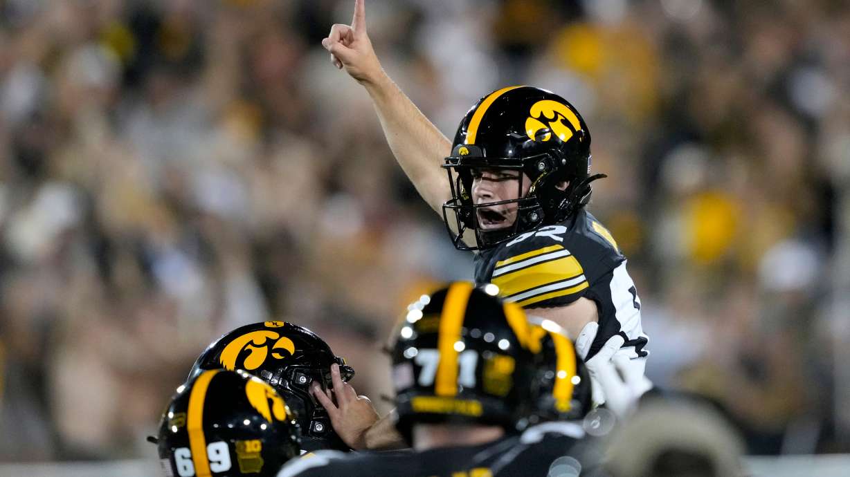 Iowa place kicker Caden Buhr celebrates with teammates after kicking a field goal during the second half of an NCAA college football game against Iowa State, Saturday, Sept. 12, 2026, in Iowa City, Iowa.