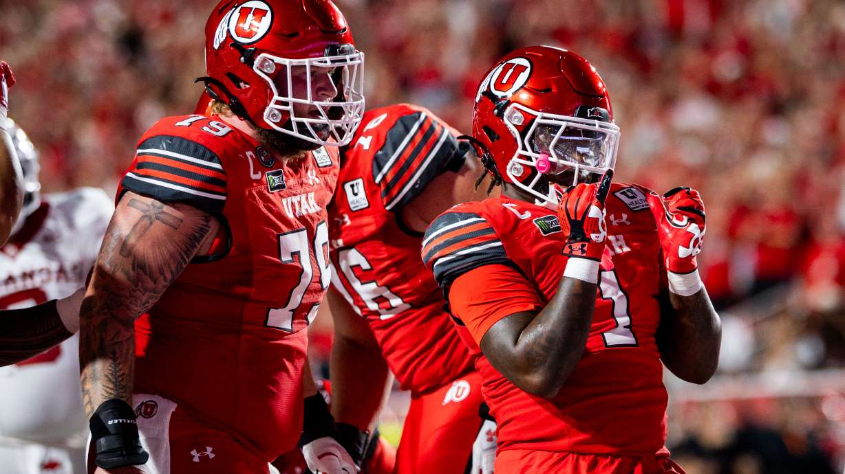 Utah Utes running back Wayshawn Parker (1) celebrates after scoring a touchdown during a football game against the Arkansas Razorbacks at Rice-Eccles Stadium in Salt Lake City on Saturday, Sept. 12, 2026.