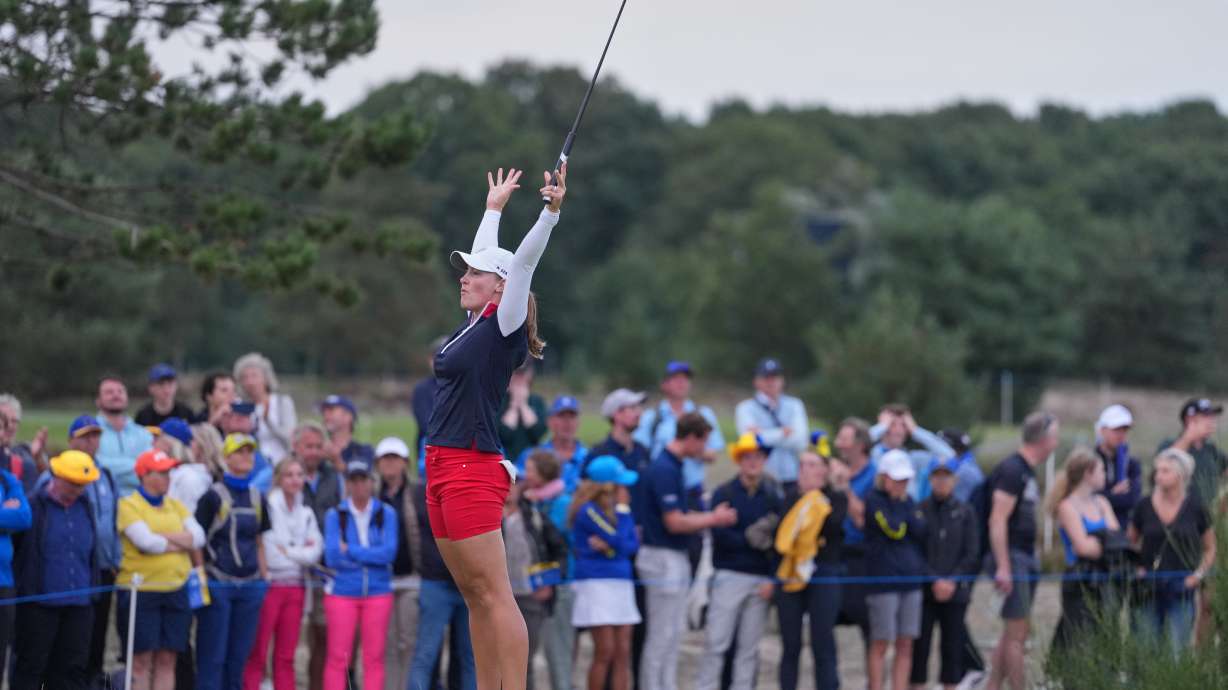 Jennifer Kupcho of the United States celebrates after holing a putt on the 18th green during the Solheim Cup in Den Bosch, Netherlands, Saturday, Sept. 12, 2026.