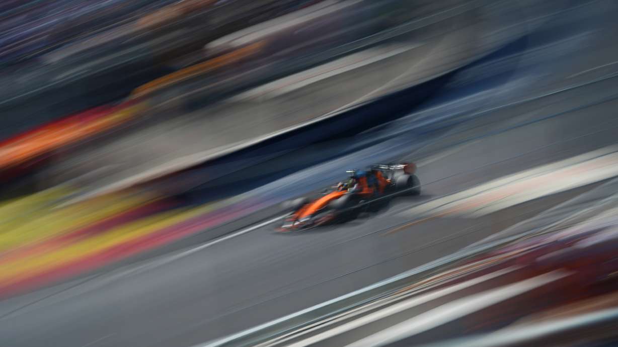McLaren driver Lando Norris of Britain steers his car during the qualifying session ahead of the Spanish Formula One Grand Prix in Madrid, Saturday, Sept. 12, 2026.