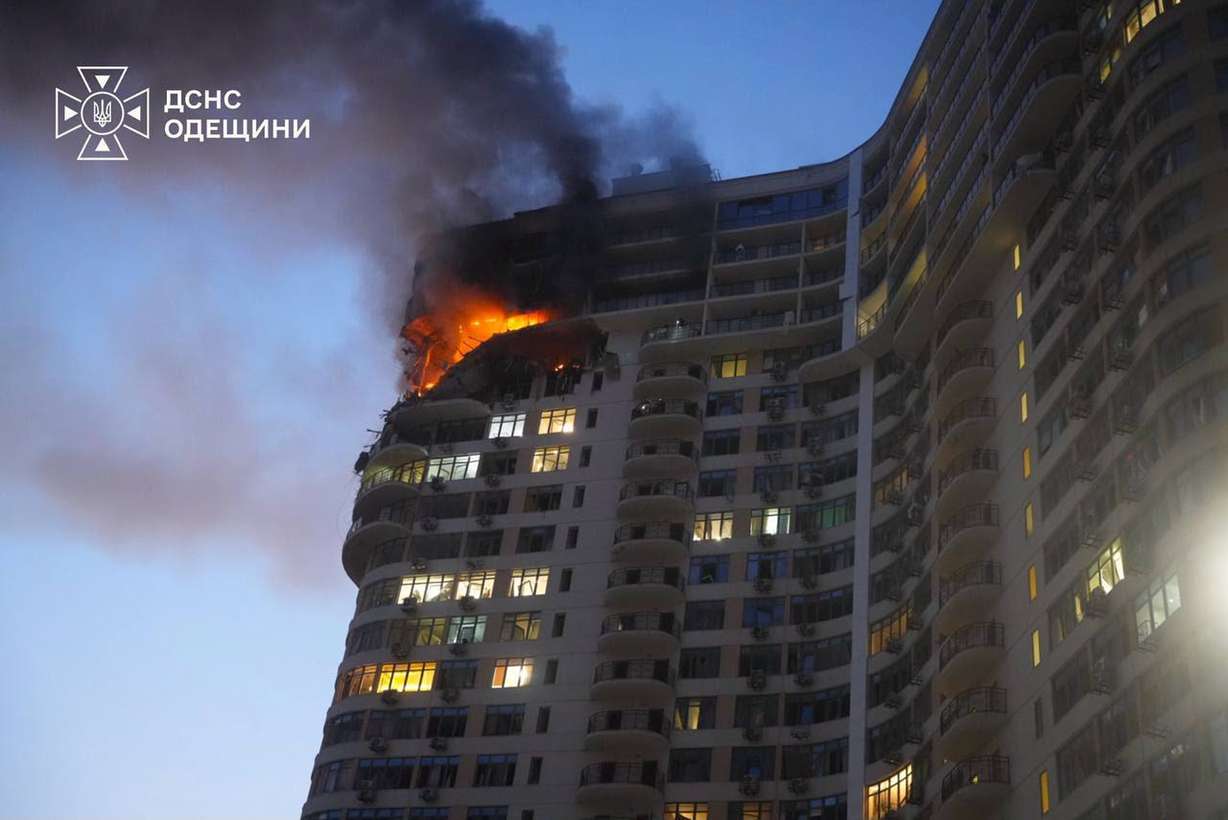 In this photo provided by the Ukrainian Emergency Service, a residential building is seen on fire following a Russian air attack in Odesa, Ukraine, on Saturday.