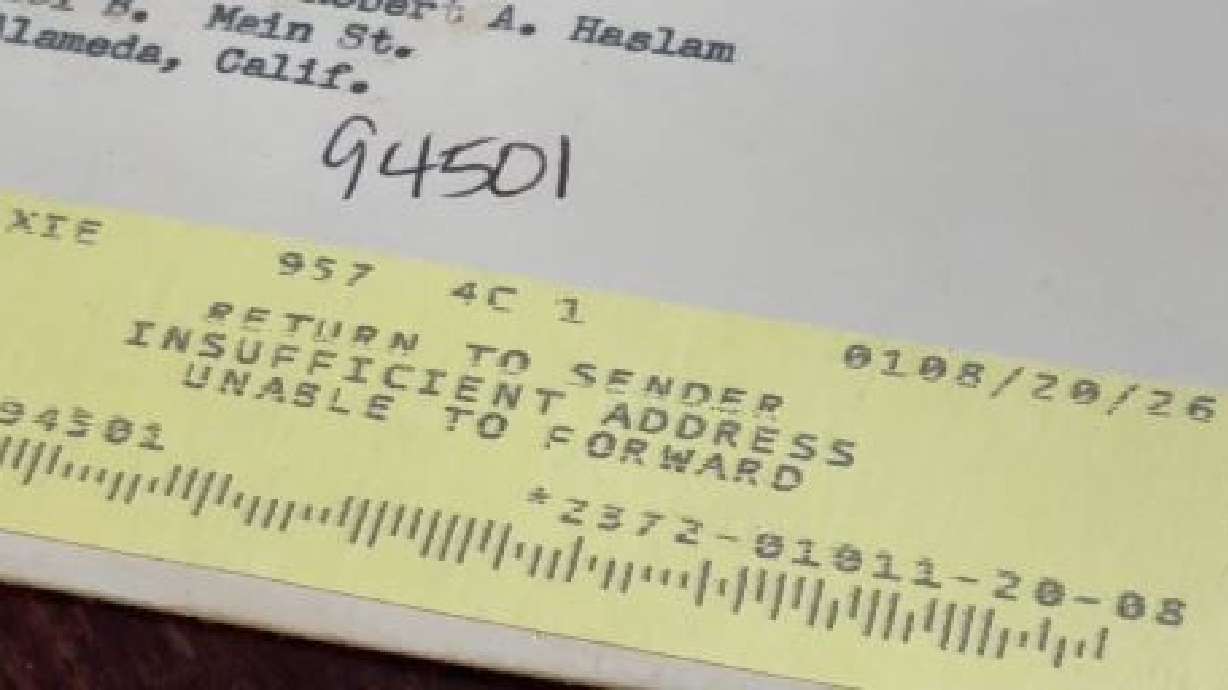 A letter marked "return to sender" has been delivered to an Alameda church. But the date of the postmark has people scratching their heads, and it has begun a nationwide search for who to send it to.