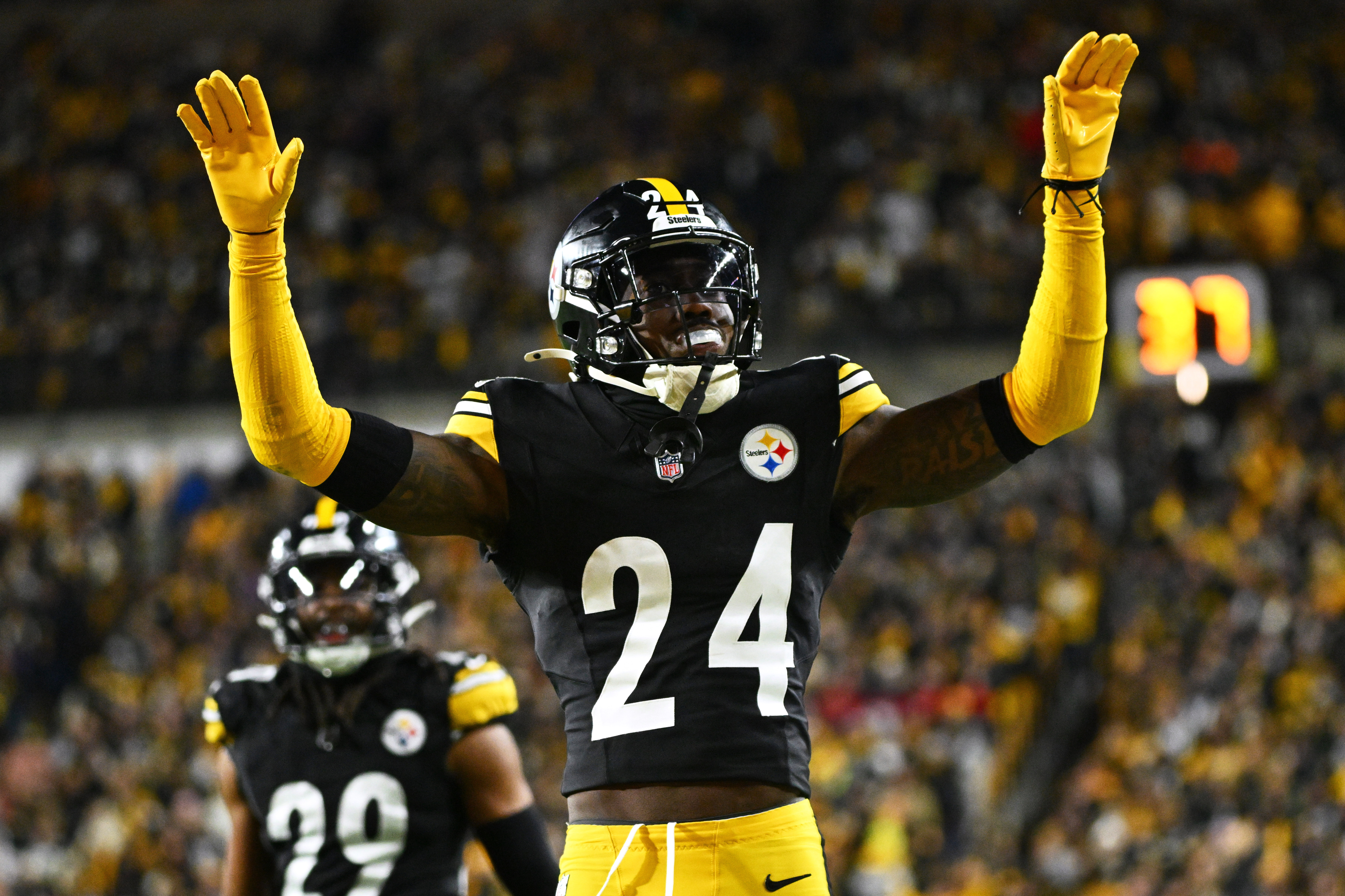 FILE - Pittsburgh Steelers cornerback Joey Porter Jr. reacts after a stop during the second half of an NFL wild-card playoff football game against the Houston Texans, Jan. 12, 2026, in Pittsburgh. 
