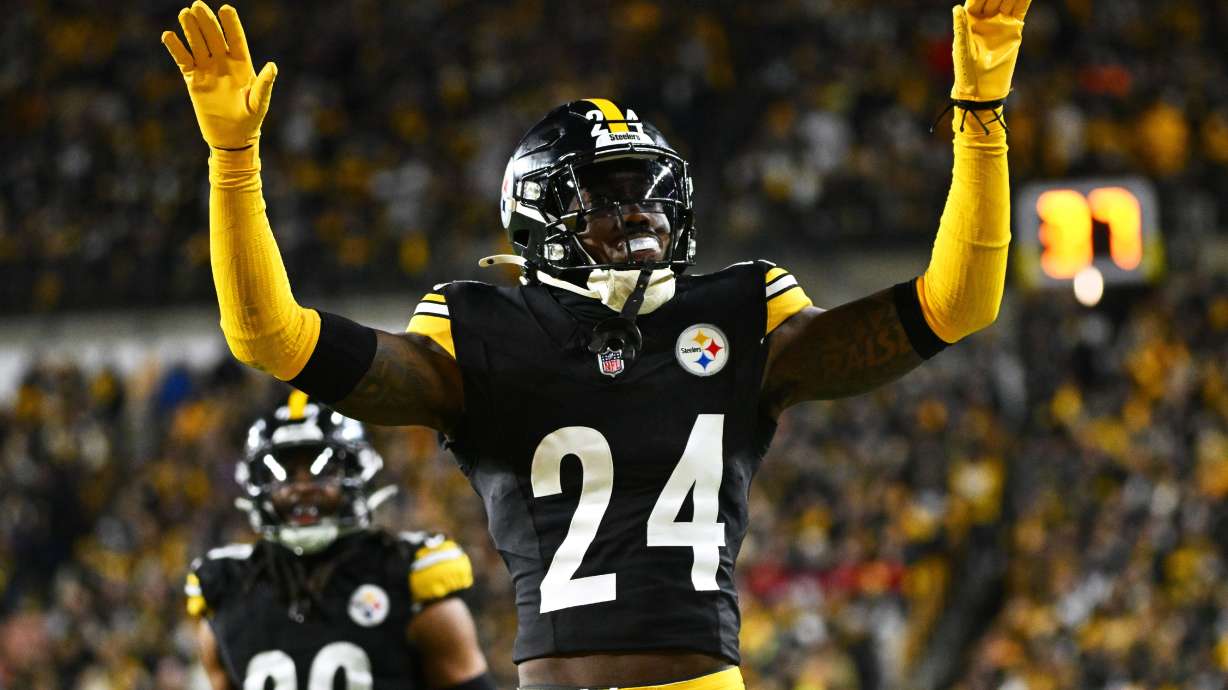 FILE - Pittsburgh Steelers cornerback Joey Porter Jr. reacts after a stop during the second half of an NFL wild-card playoff football game against the Houston Texans, Jan. 12, 2026, in Pittsburgh.