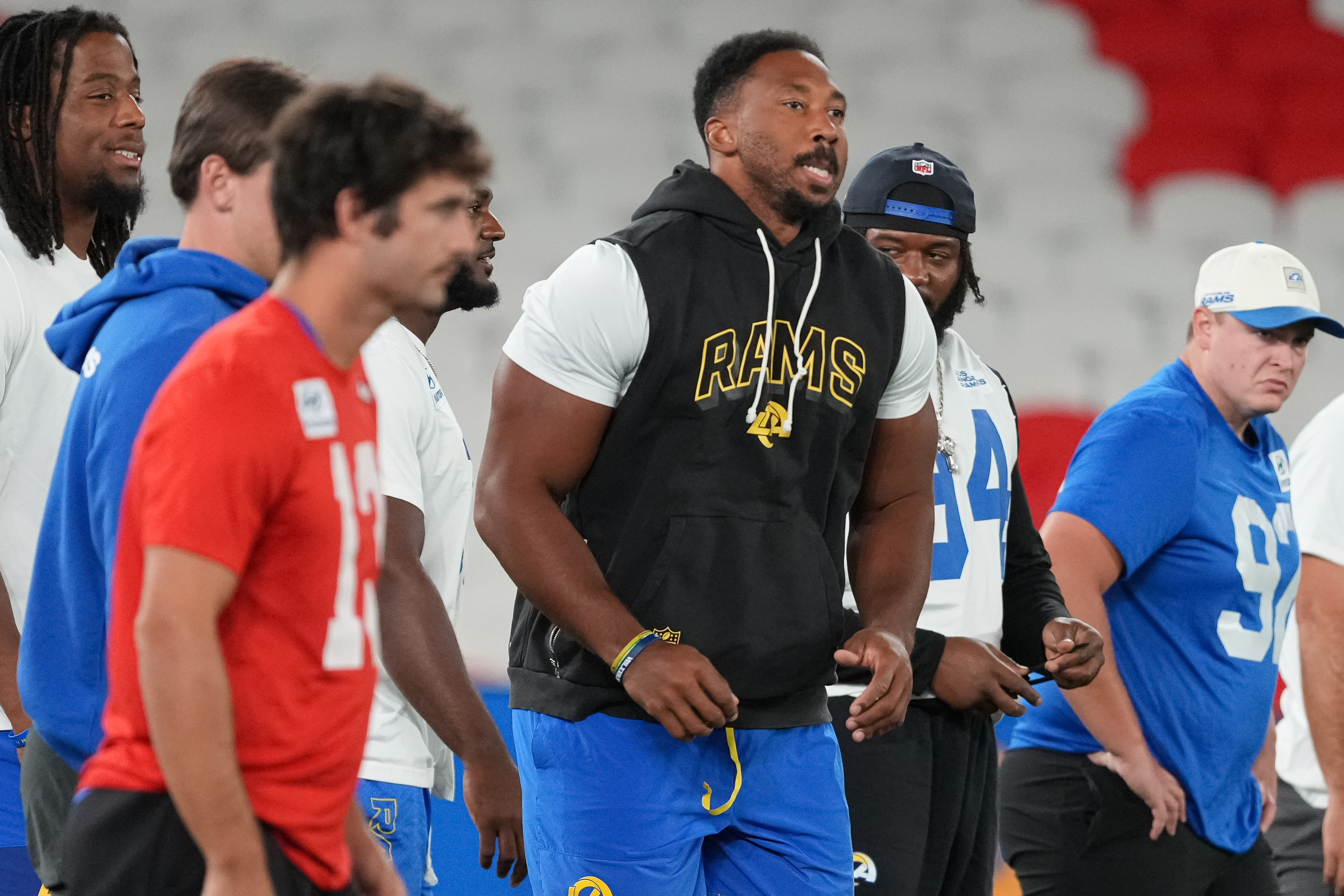 Los Angeles Rams outside linebacker Myles Garrett, centre, works out during a practice session for an NFL football game against the San Francisco 49ers., in Melbourne, Australia, Thursday, Sept. 10, 2026.