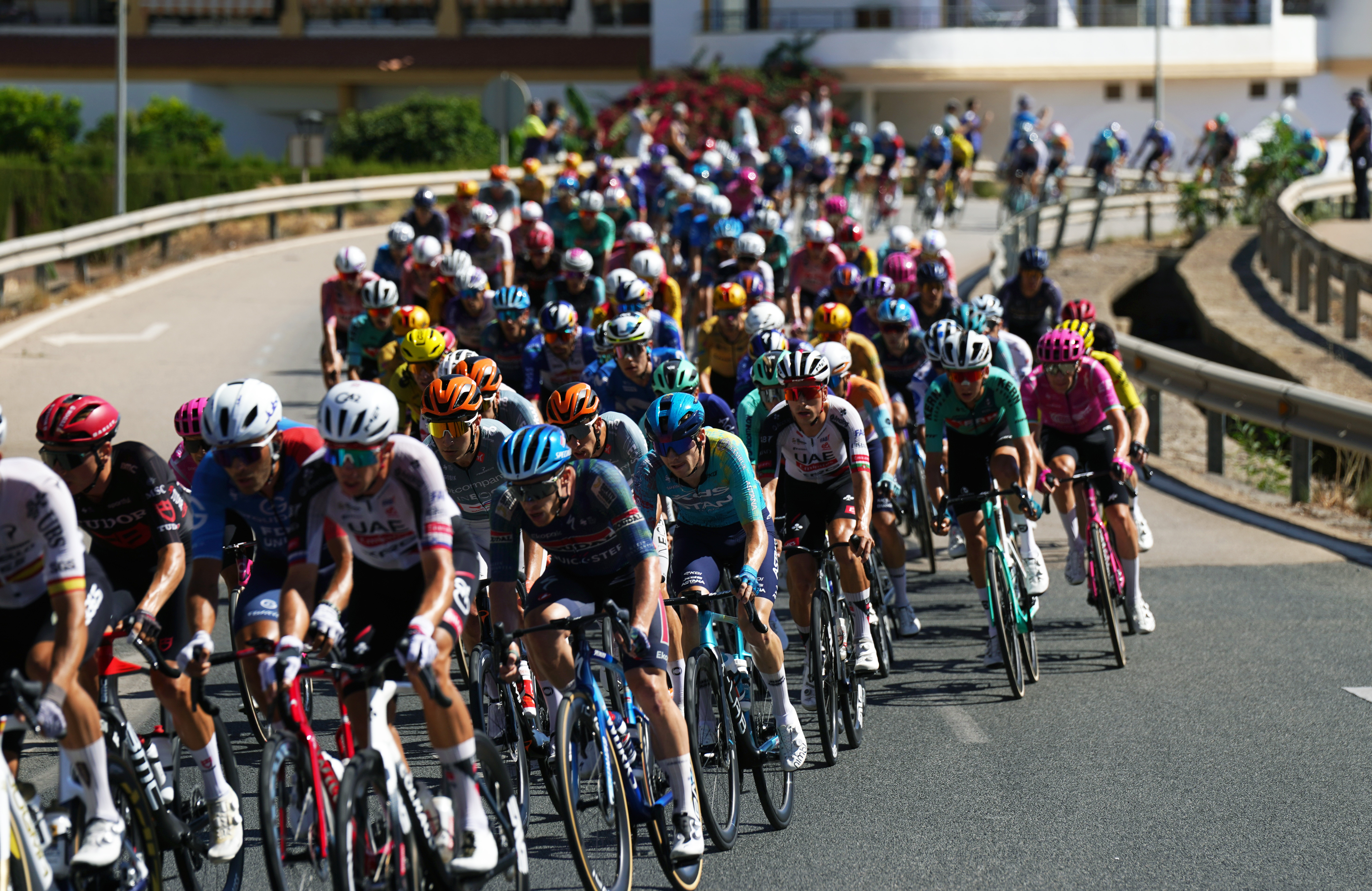 Cyclists ride during the 19th stage of the Spanish Vuelta cycling race, from Vélez-Málaga to Peñas Blancas in Estepona, Spain, Friday, Sept. 11, 2026.  **SPAIN OUT**