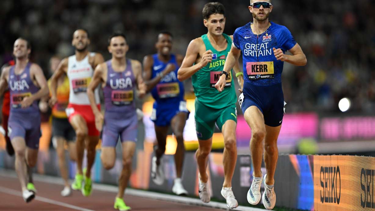 Josh Kerr, of Britain, wins the men's 1,500 meters final during the World Athletics Ultimate Championship in Budapest, Hungary, Sunday, Sept. 13, 2026.